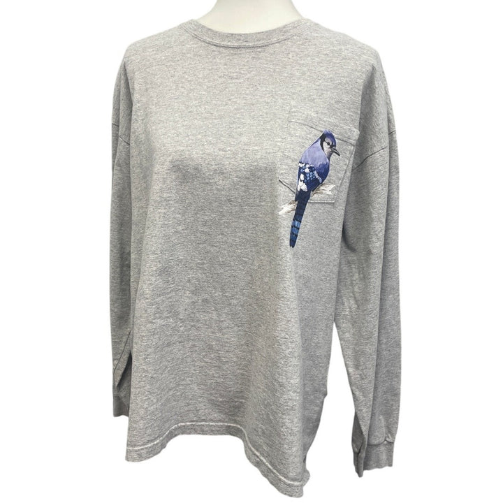 Hand Printed Upcycled Mens XL Blue Jay Bird Long Sleeve Tee Shirt w Pocket