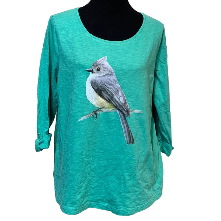 Hand Printed Upcycled Womens XL Tufted Titmouse Bird 3/4 Sleeve Cotton Tee