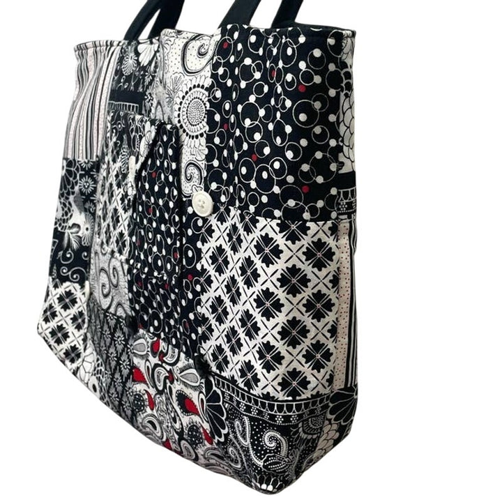 Handmade Black White Patchwork Cotton Blend Double Handle Purse Tote Bag