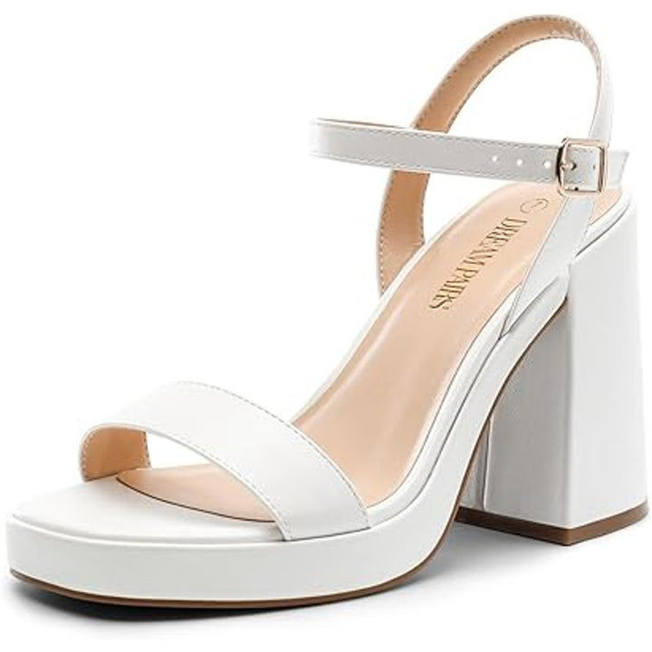 Dream Pairs Womens 8.5 White Faux Leather 4.5" Block Heel Open Toe Sandal Shoes