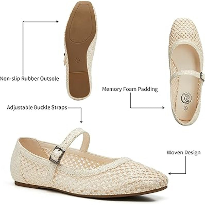 Trary Womens Size 9 Tan Woven Straw Mary Jane Buckle Strap Flat Sandal Shoes
