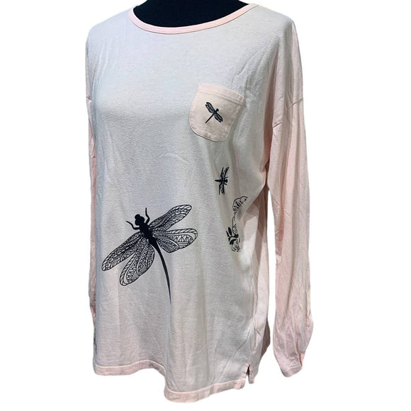 Hand Printed Upcycled Womens Large Dragonfly Long Button Sleeve Cotton Blend Tee