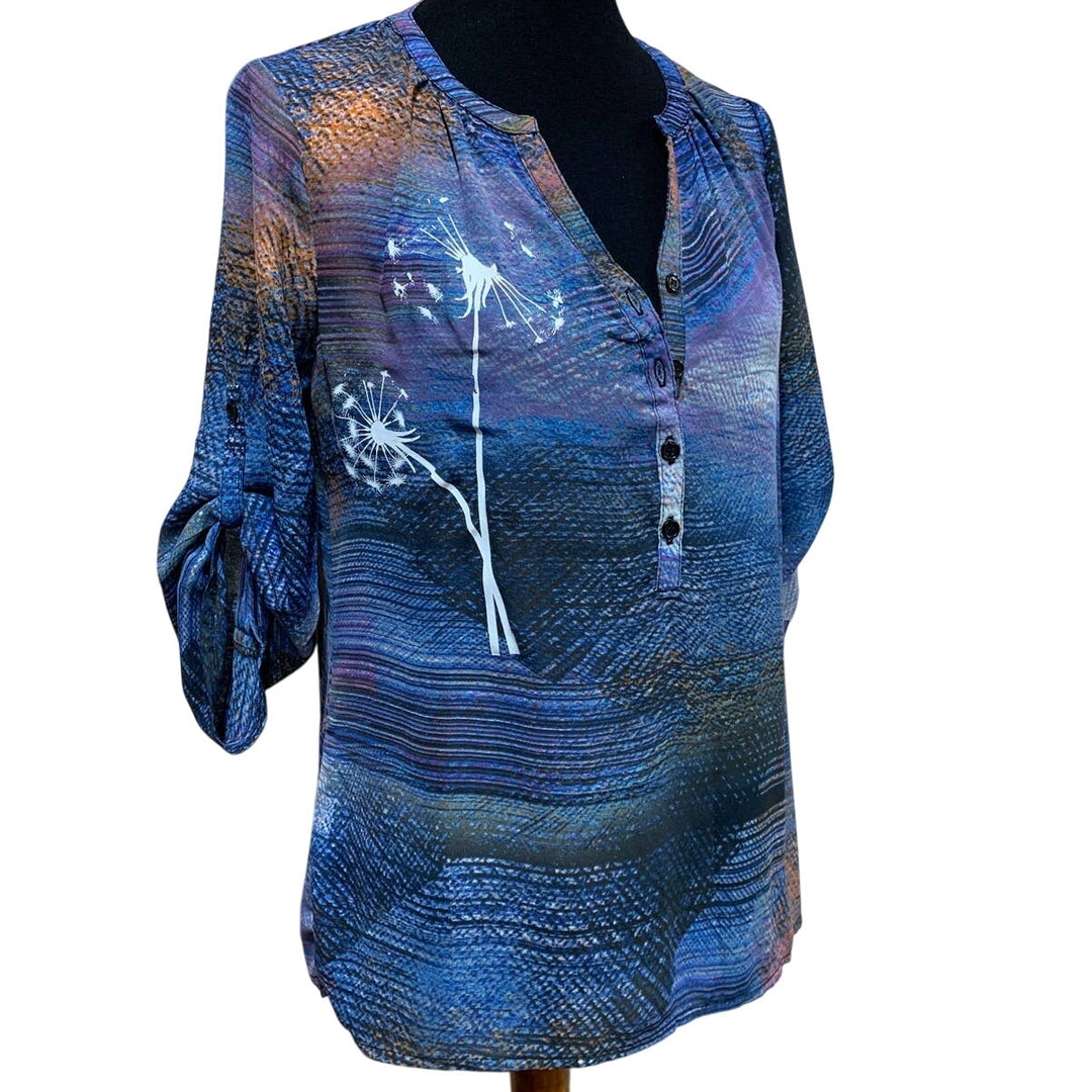 Hand Printed Medium Upcycled Dandelion Flowy Colorful Button Down 3/4 Sleeve Top