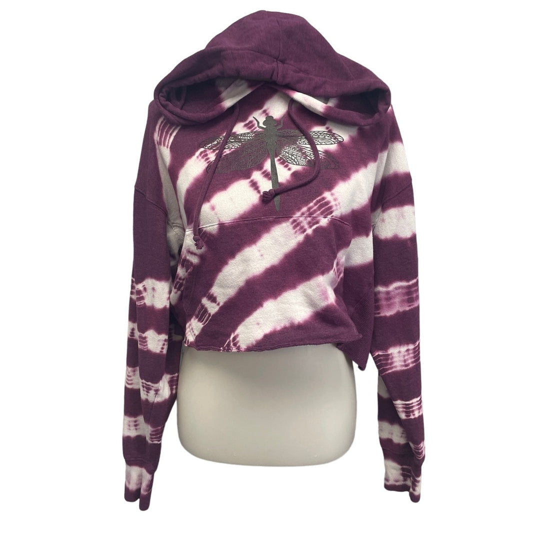 Hand Printed Upcycled Womens Medium Dragonfly Cropped Long Sleeve Hoodie
