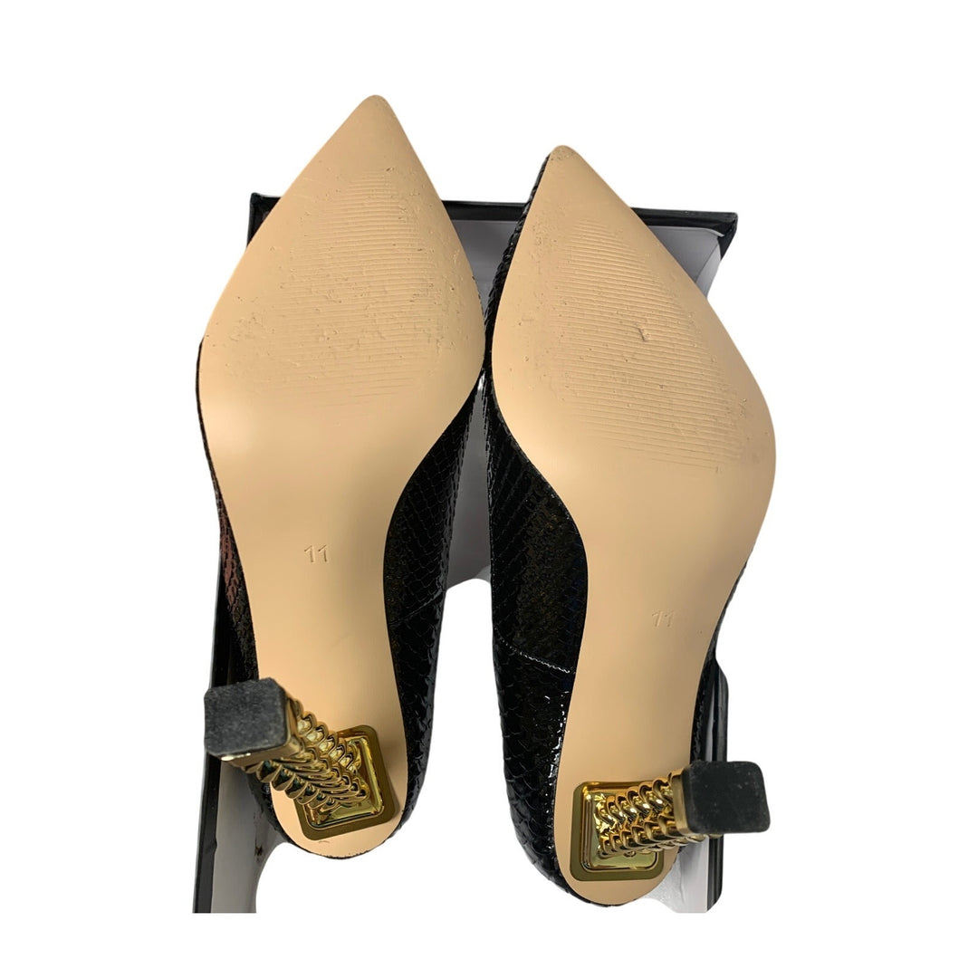 FSJ Womens Size 11 Black Croc Texture Gold Metal Chain Chunky 5" Heels Pumps