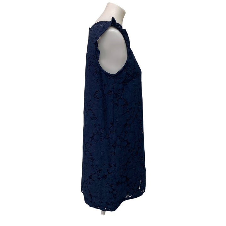 Monteau Womens Medium Navy Blue Floral Ruffled Sleeveless Lace Sheath Dress