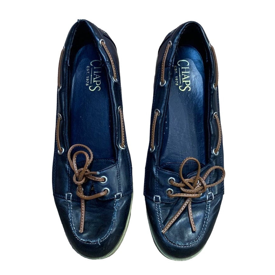 Chaps Ladies Size 8 Navy Blue Leather Slip On Flats Boat Shoes Comfort Loafers
