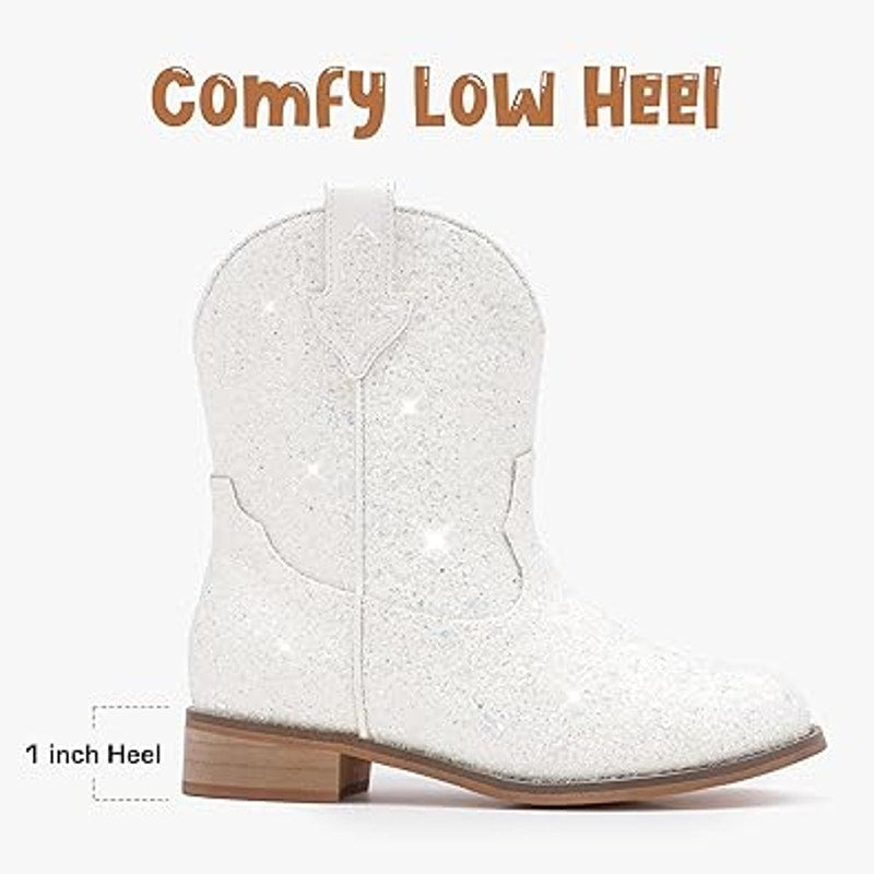 Motasha Toddler Girl 10 White Iridescent Shiny Pull On Western Cowgirl Boots