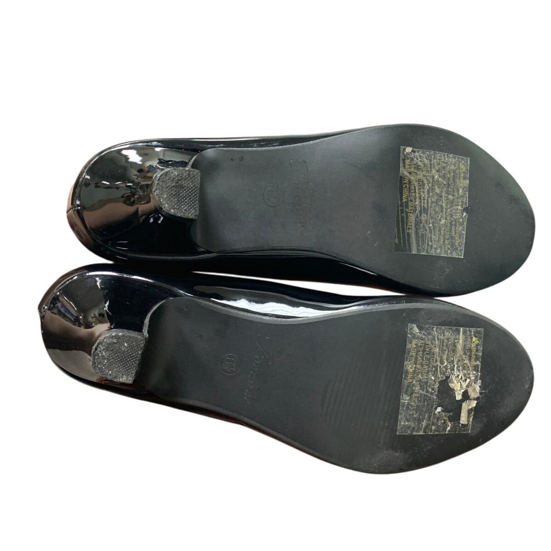 Forever Womens Size 6.5 Shiny Black Round Closed Toe 2" Heel Slide On Shoes