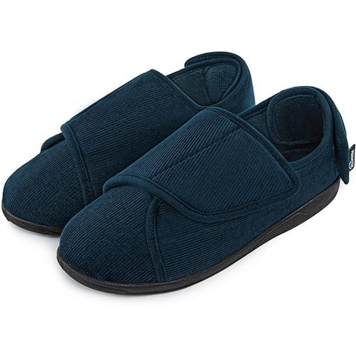 Home Top Mens Size 9 Navy Corduroy Adjustable Hook &amp; Loop Memory Foam Slippers