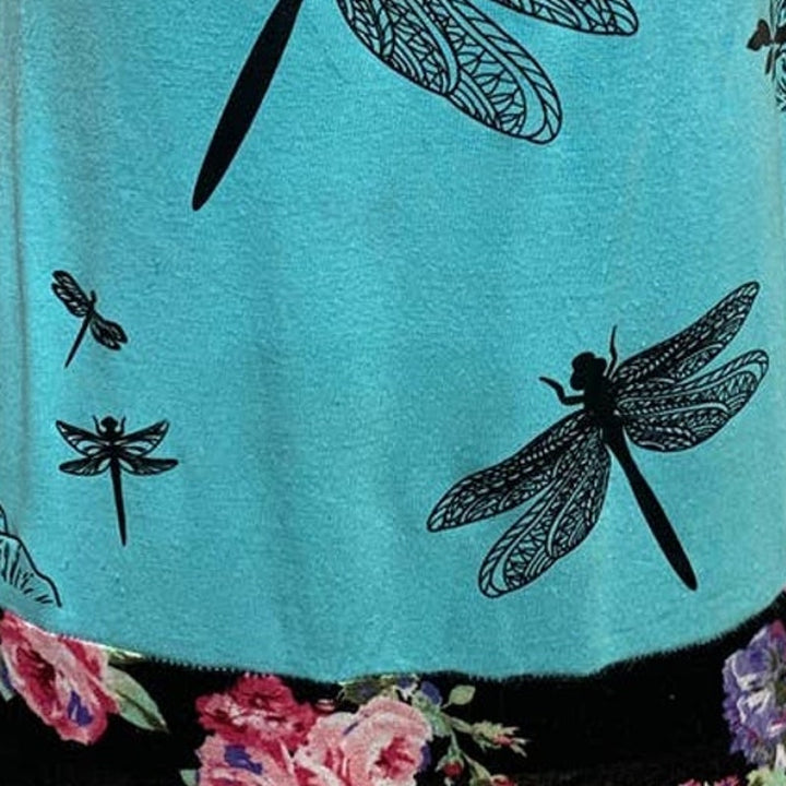 Hand Printed Upcycled Womens Small Dragonfly Floral Rayon Blend Blouse Tee