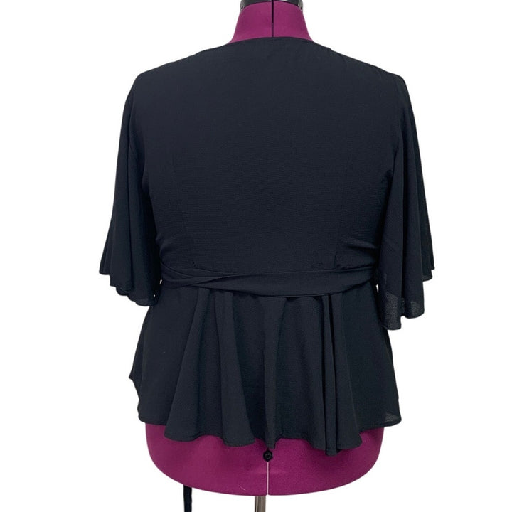 Womens 1X Black 100% Polyester Flowy Half Sleeve Belt Tie V Neck Wrap Top