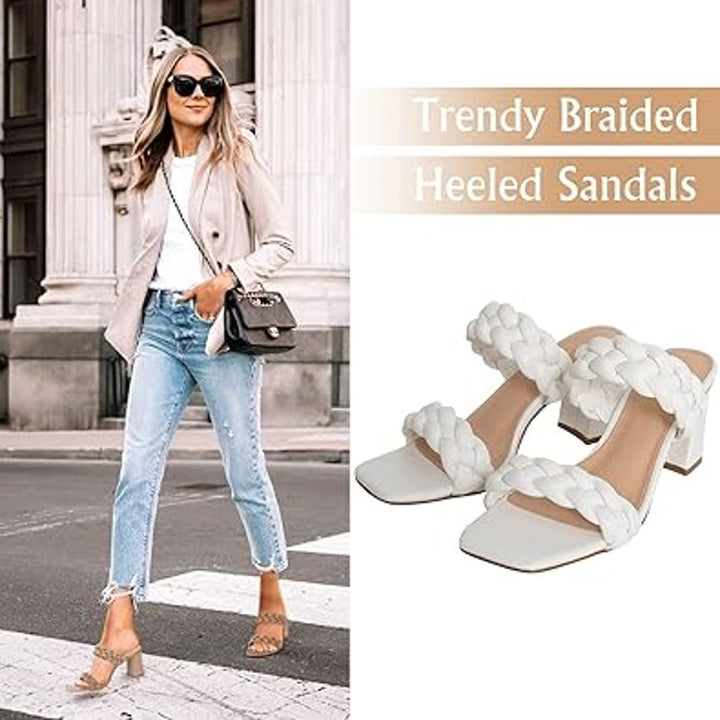 Athlefit Womens Size 6 White Faux Leather Braided 3" Block Heel Sandal Shoes