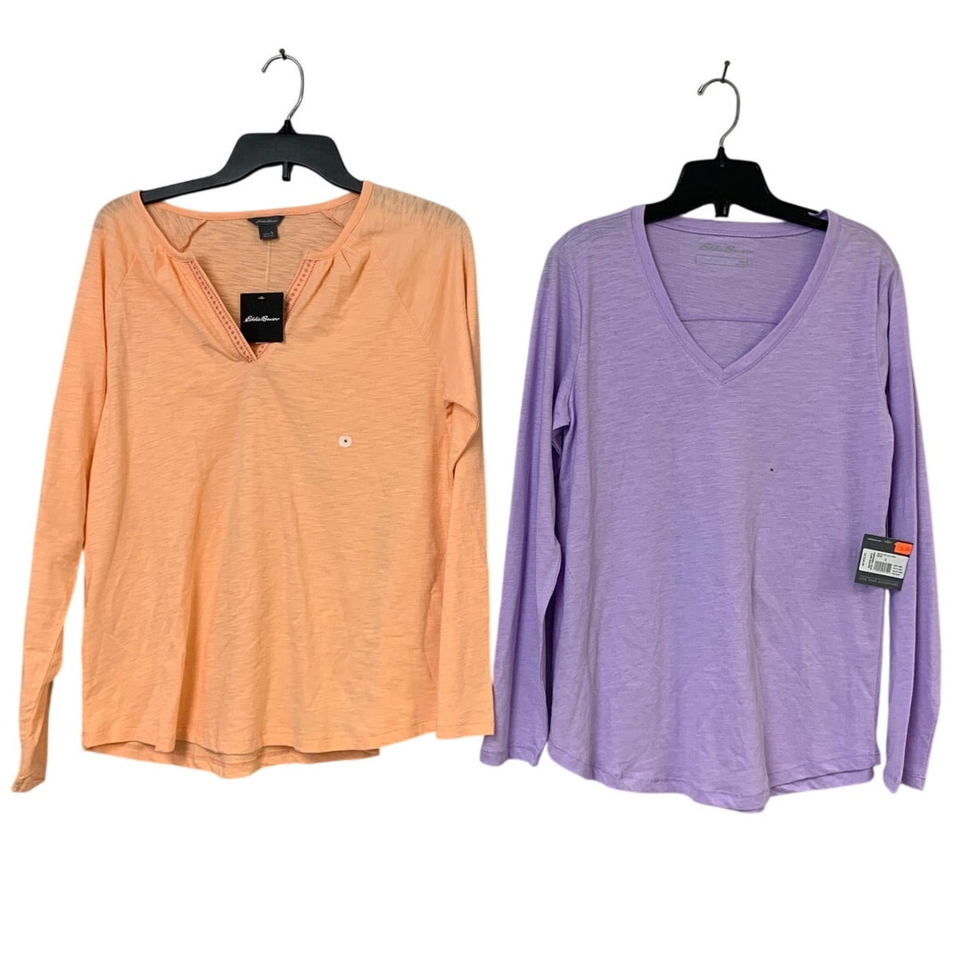 2 New Eddie Bauer Womens Small Daisy Slub Notch Neck Try Out Long Sleeve Shirts