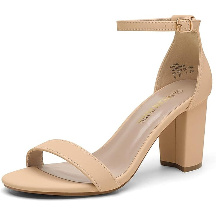 Dream Pairs Womens Size 5 Tan Nude Faux Leather 3" Chunky Heel Open Toe Shoes