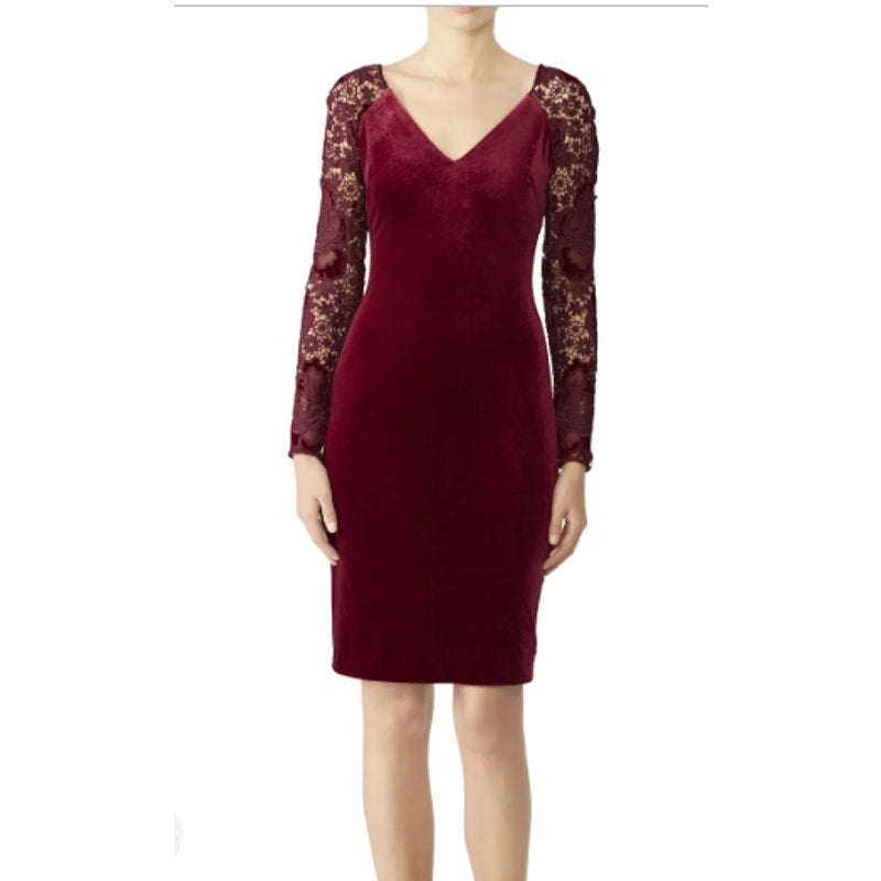 Badgley Mischka Size 8 Red Velvet Long Lace Sleeve Knee Length Sheath Dress Gown