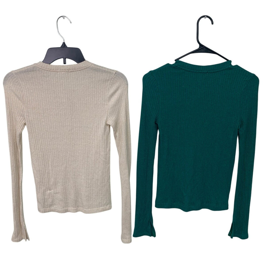 2 New Aerie Womens Small Cotton Blend Button Up Long Sleeve Crew Neck Tops