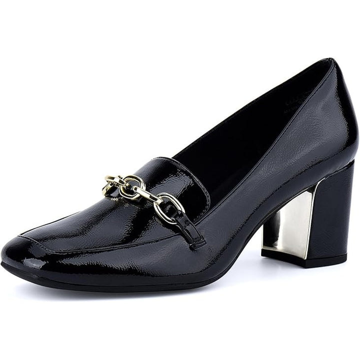 New Jenn Ardor Womens Size 8.5 Black Faux Leather Gold Chain 3" Block Heel Shoes