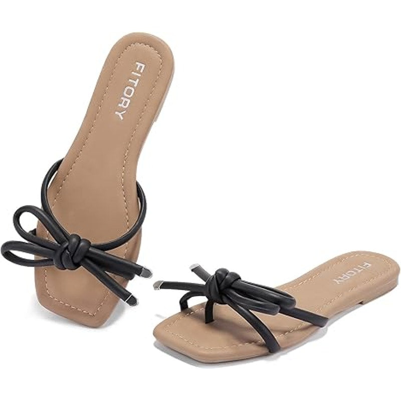 Fitory Womens Size 8 Black Open Toe Knotted Bows Flat Slip On Sandals Shoes