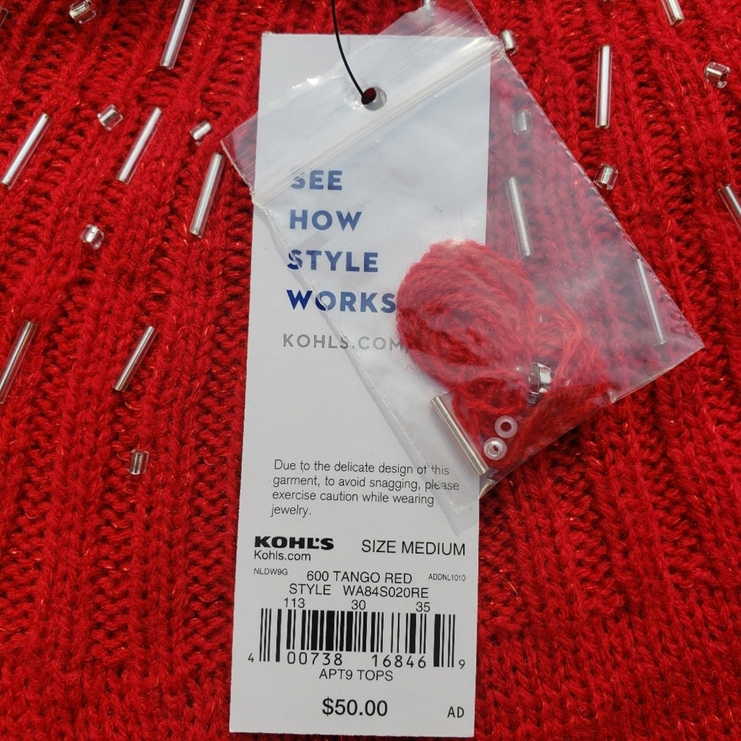 NWT New Apt 9 Womens Medium Red Metallic Long Sleeve Beaded Neck Knit Sweater