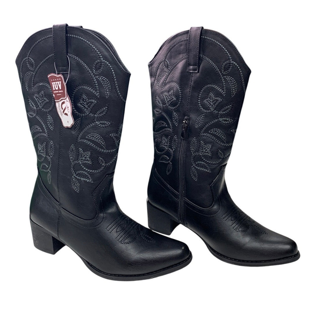 IUV Womens Size 8 Black 2" Block Heel Classic Embroidered Western Cowboy Boots