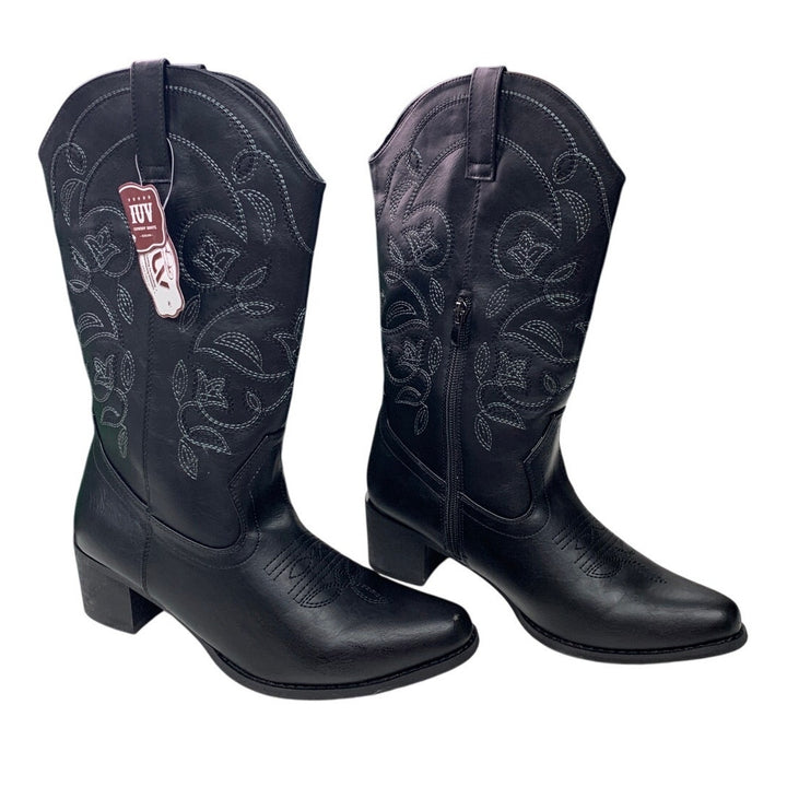 IUV Womens Size 8 Black 2" Block Heel Classic Embroidered Western Cowboy Boots