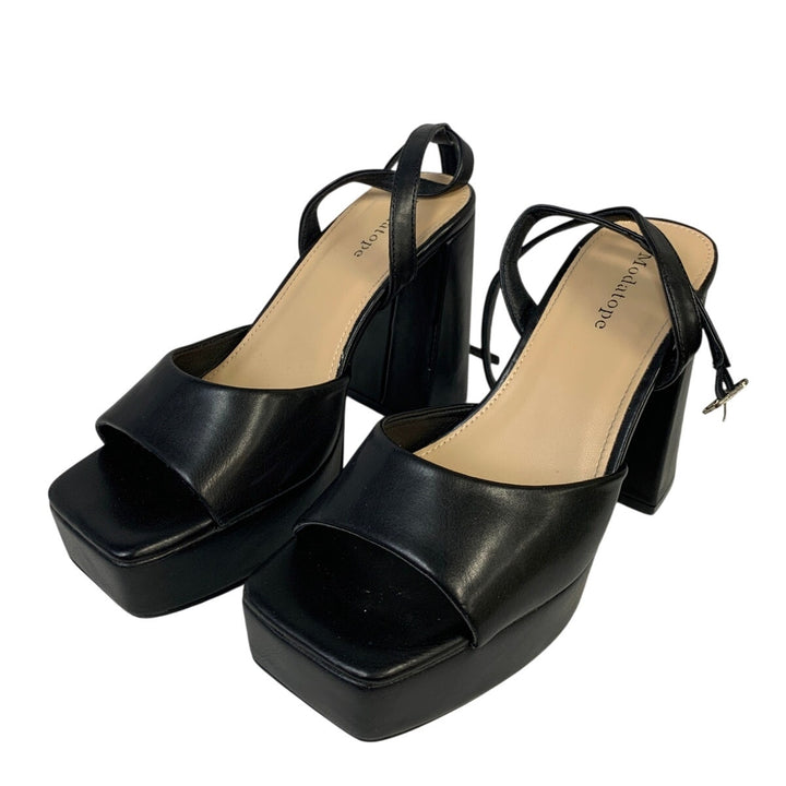 Modatope Womens 7.5 Black 5" Platform Heel Open Square Toe Ankle Strap Shoes