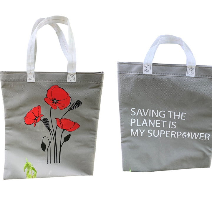 Upcycled Hand Printed Red Poppy Poppies Flower Saving the Planet Tote Bag