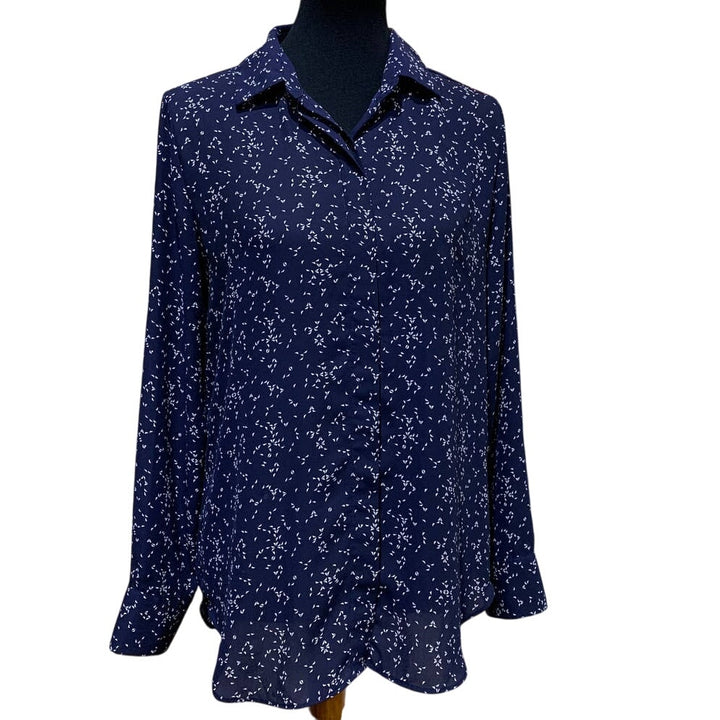 Mossimo Medium Navy Blue White Long Sleeve Flowy Polyester Button Down Blouse