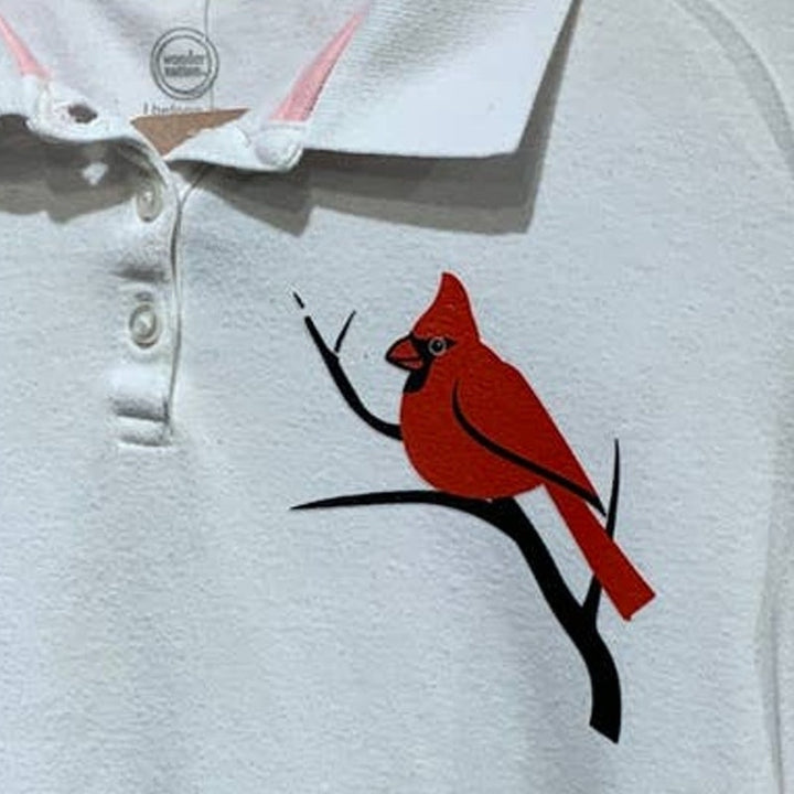 Hand Printed Upcycled Kids Large (10/12) Cotton Blend Cardinal Bird Polo Shirt