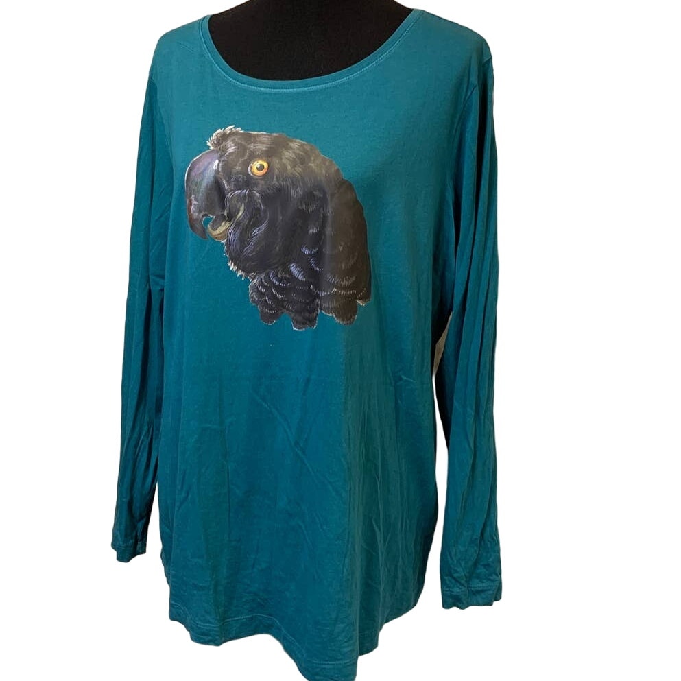 Upcycled Hand Printed 1X Black Parrot Bird Ukraine Artist Fundraiser Tee