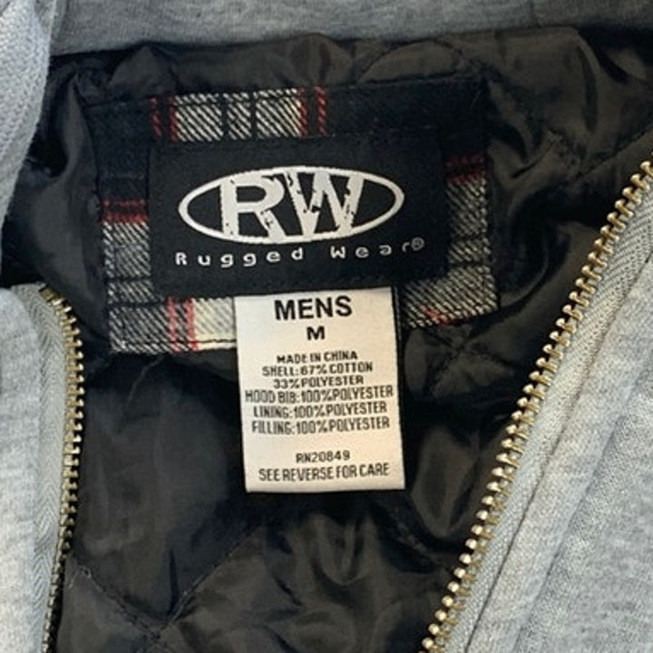 Rugged Wear Mens Medium PolyCotton Zip &amp; Snap Warm Plaid Flannel Hoodie Jacket