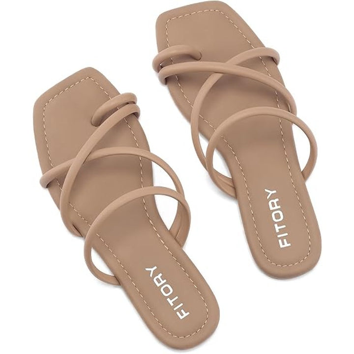 Fitory Womens Size 9 Tan Faux Leather Toe Ring Slide On Cross Strap Sandal Shoes