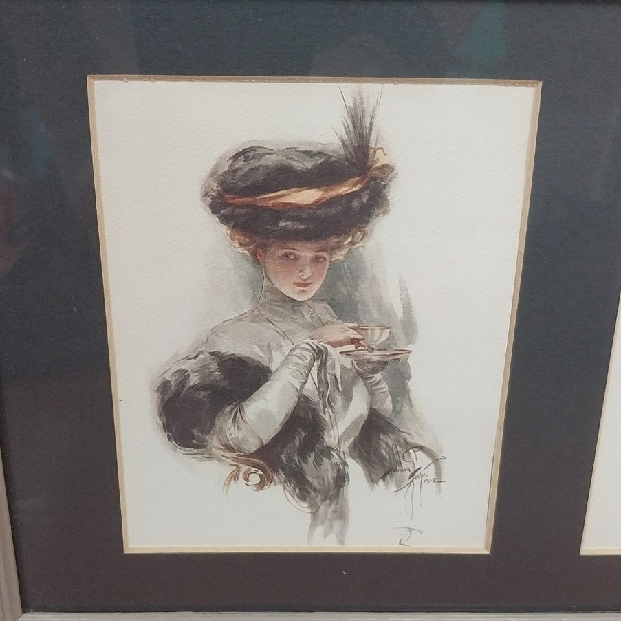 2 Vintage 1948 Victorian Lady in Chair Teacup Dog Glass Front Wood Framed Prints