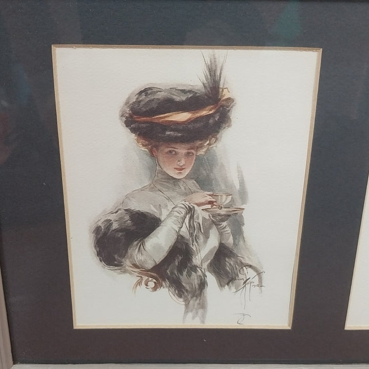 2 Vintage 1948 Victorian Lady in Chair Teacup Dog Glass Front Wood Framed Prints