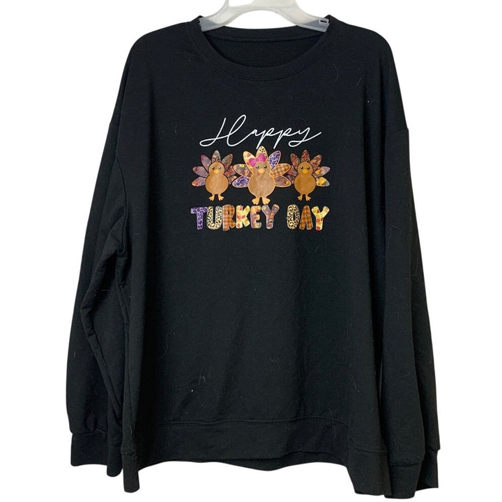 Womens 3XL Black Happy Turkey Day Thankgiving Long Sleeve Polyblend Sweatshirt