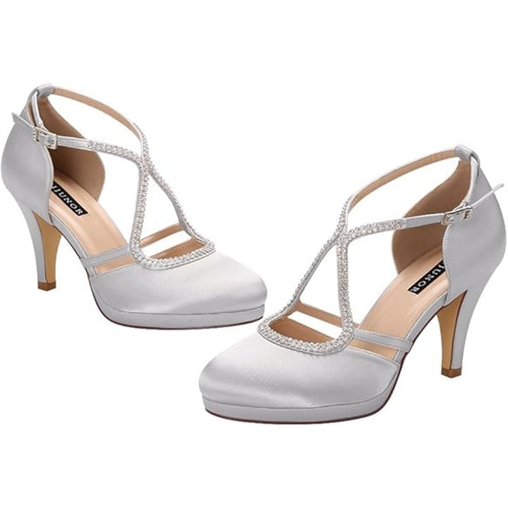 New Erijunor Womens Size 8 Silver Satin Rhinestone Ankle Strap 3.5" Heels Shoes