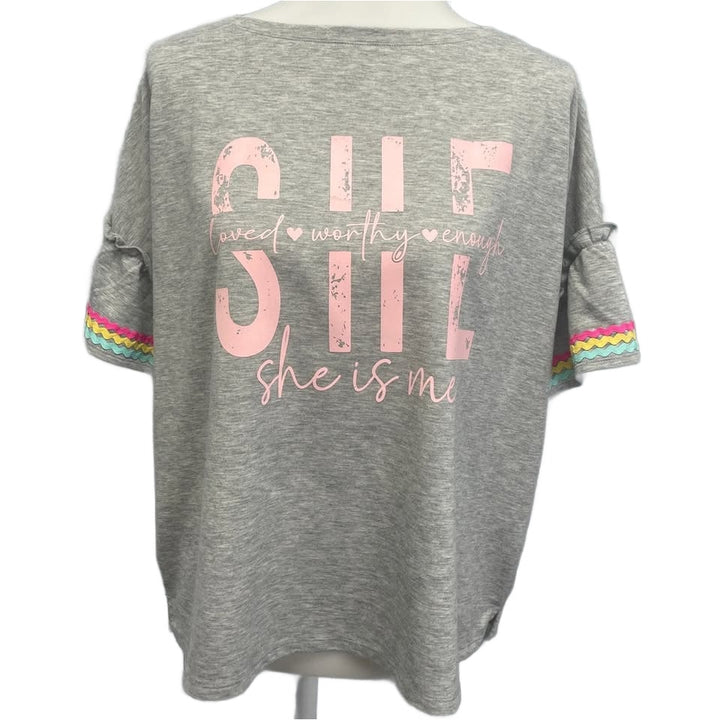 Hand Printed Upcycled Womens XL She Is Me Loved Worthy Enough Bell Sleeve Top