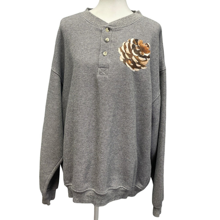 Hand Printed Upcycled Mens XL Woody Pine Cone Long Sleeve Waffled Henley Shirt