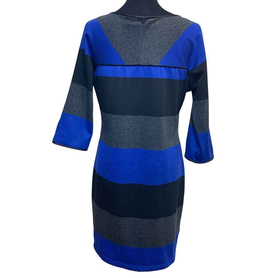 Max Studio Womens Large Long Sleeve Striped Body Con Dress w Faux Leather Trim