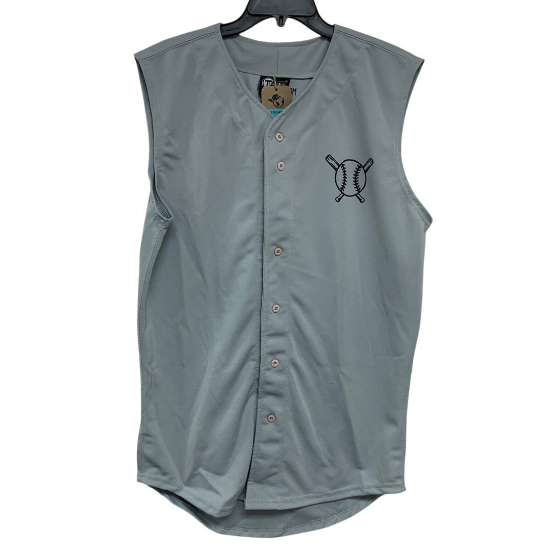 Hand Printed Mens Medium Bat Ball Button Down Sleeveless Baseball Jersey Shirt