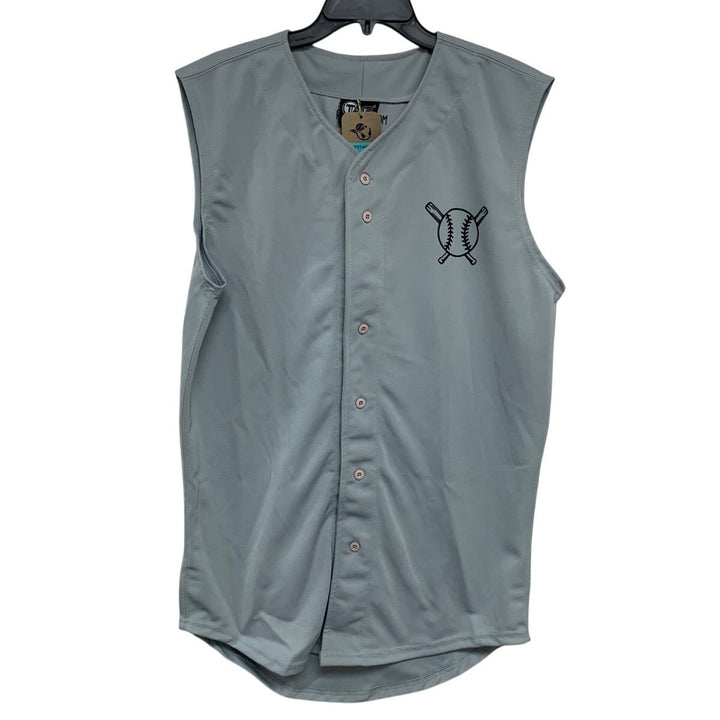 Hand Printed Mens Medium Bat Ball Button Down Sleeveless Baseball Jersey Shirt
