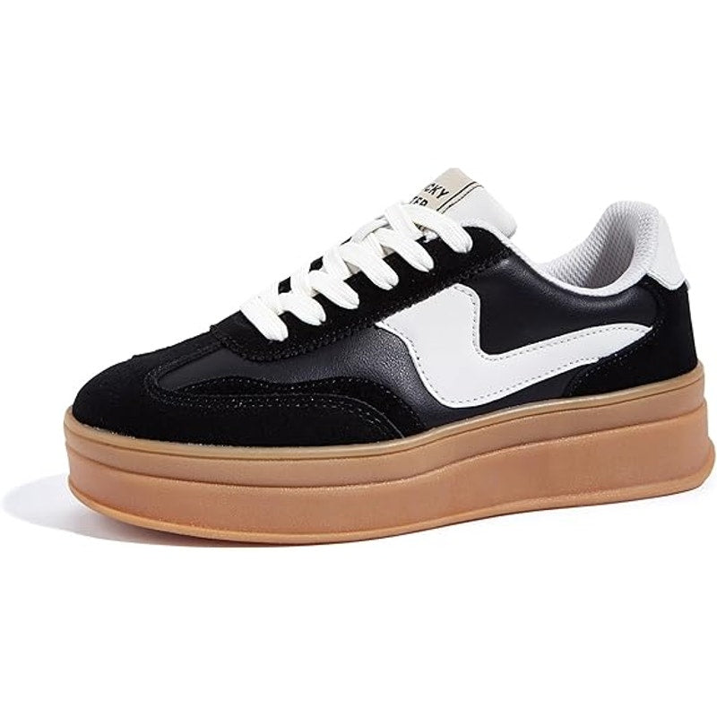 Lucky Step Womens Size 7 Black Platform Genuine Leather Classic Sneakers Shoes