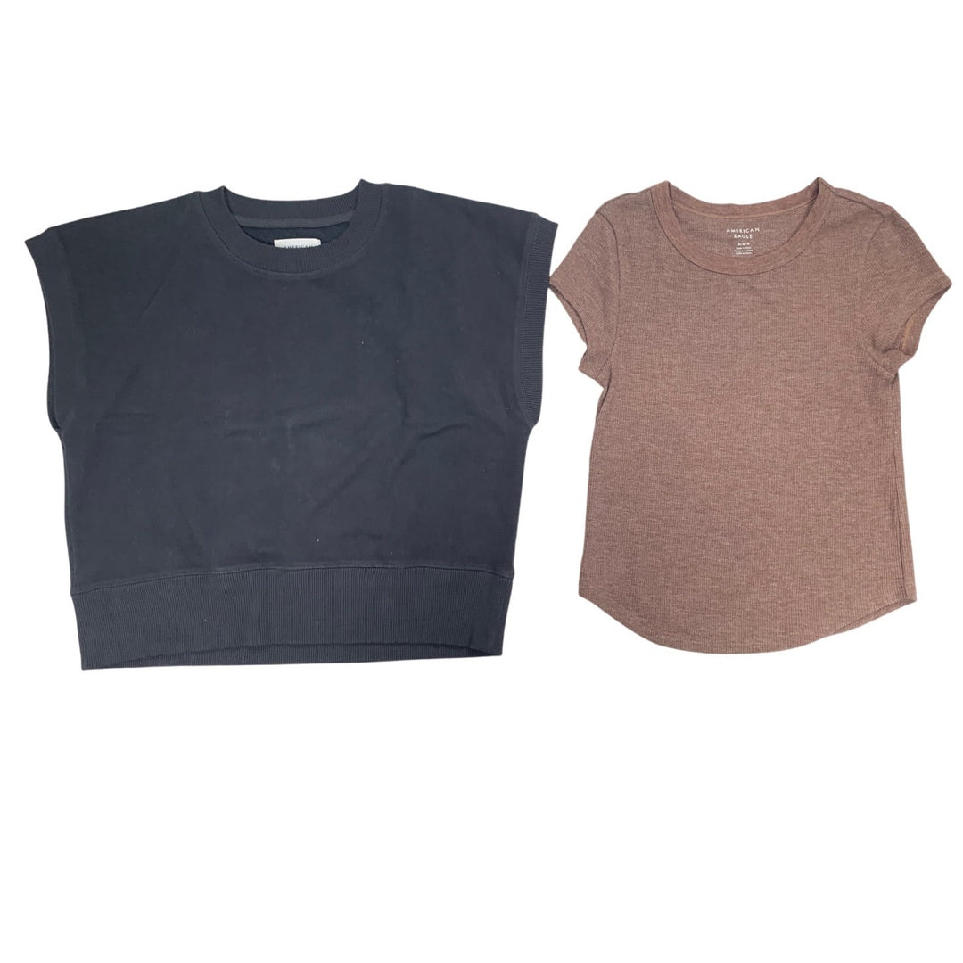 2 New American Eagle Womens Medium Short Sleeve Crew Neck Waffled Tops