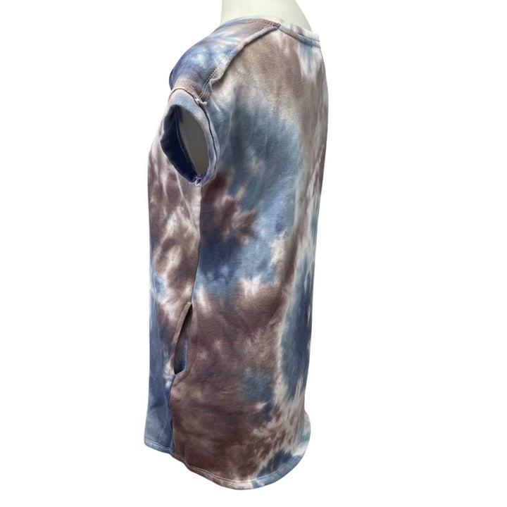 Upcycled Hand Printed Small Dragonfly Short Sleeve Mini Sweatshirt Tie Dye Dress