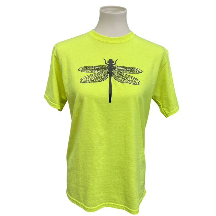 Hand Printed Upcycled Kids XXL Dragonfly Neon Yellow Short Sleeve Tee Shirt