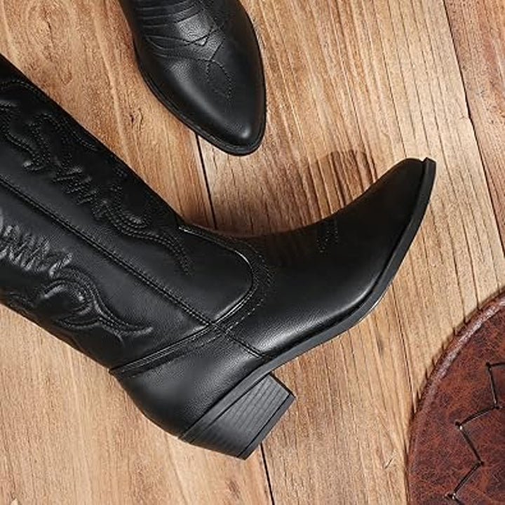 Dream Pairs Women Size 9.5 Black Faux Leather Mid Calf Western Cowboy Boot Shoes