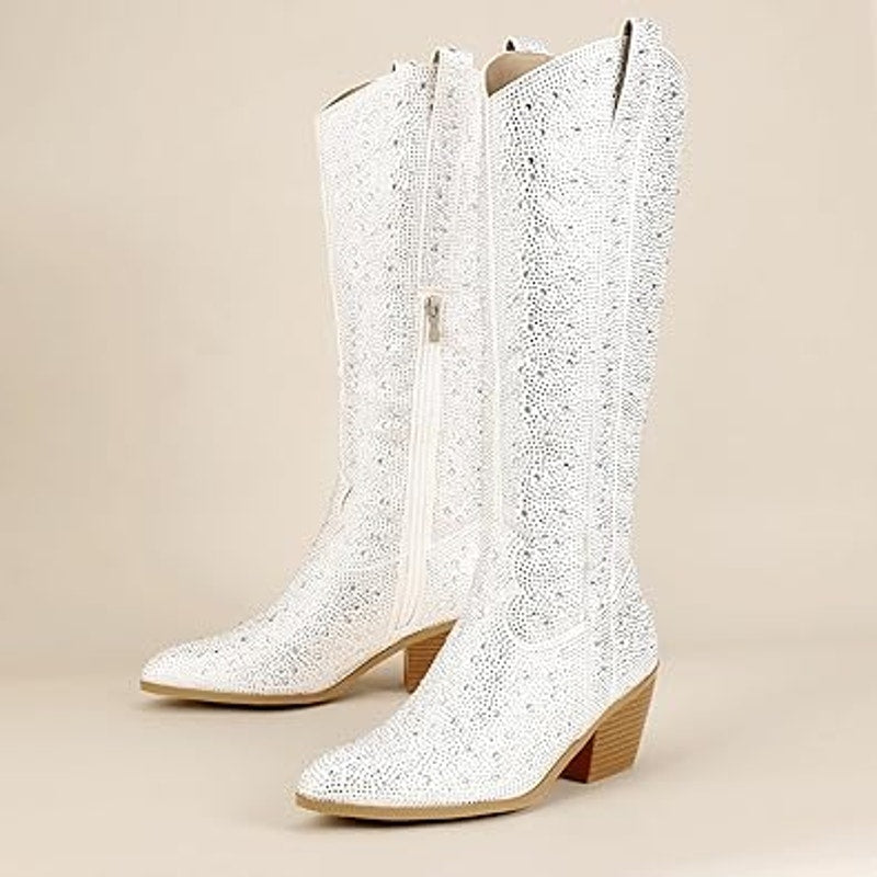 Idifu Womens Size 9 White Silver Rhinestone 3" Block Heel Cowboy Western Boots