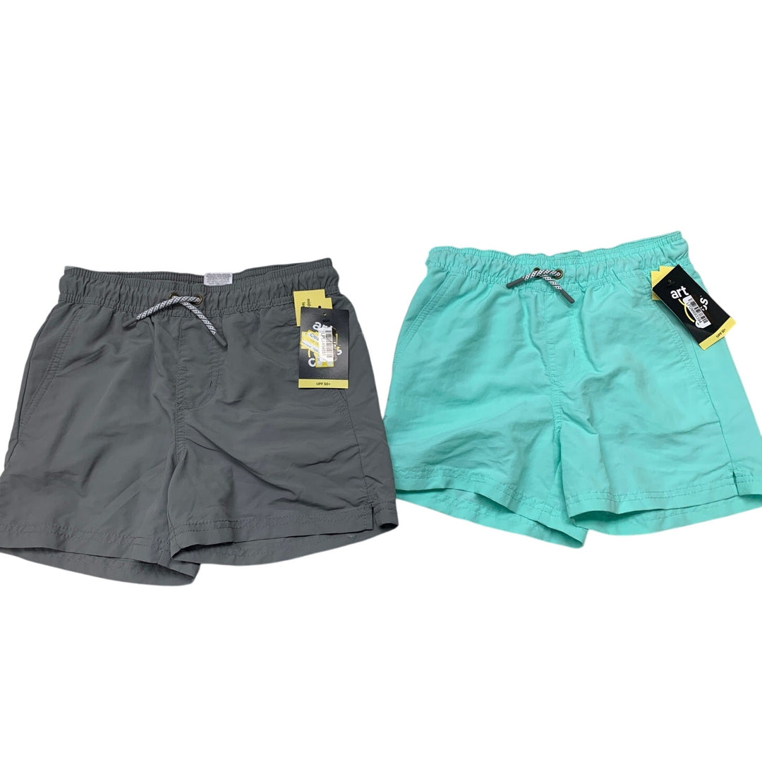 2 New Art Class Boys Medium Green Gray Drawstring Waist UPF 50+ Swim Trunks