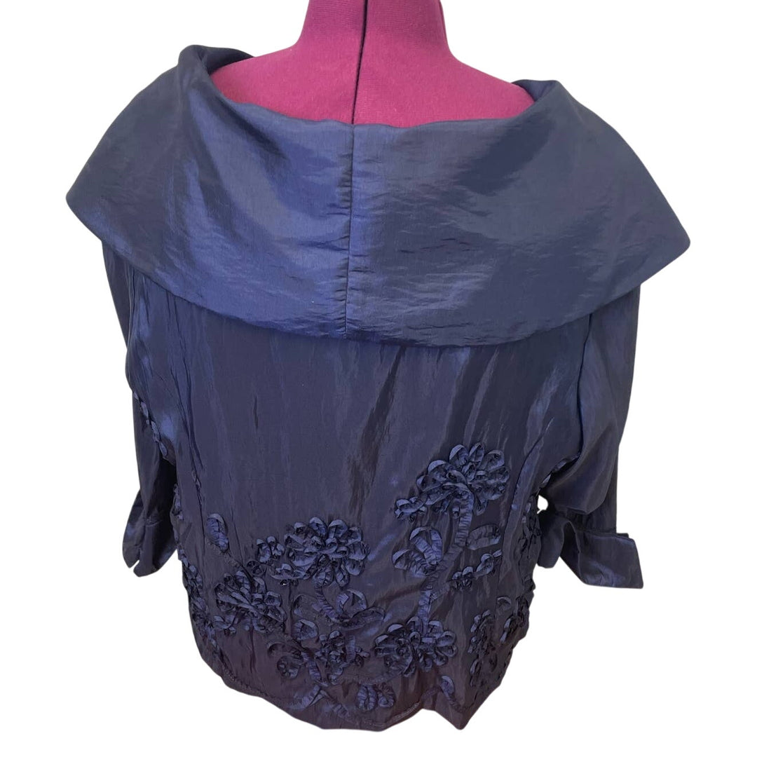 New Onyx Nite Wendye Chaitin 2X Navy Blue Floral Embellished Formal Buttoned Top